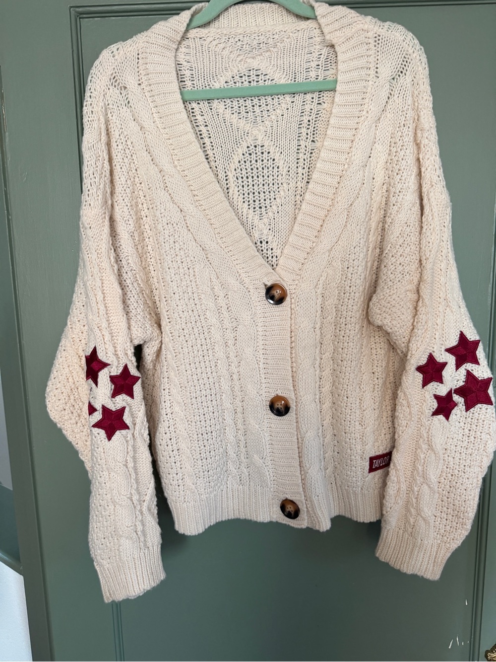 Taylor Swift Cream Cable Knit Cardigan with Burgundy Star Patches Never worn!